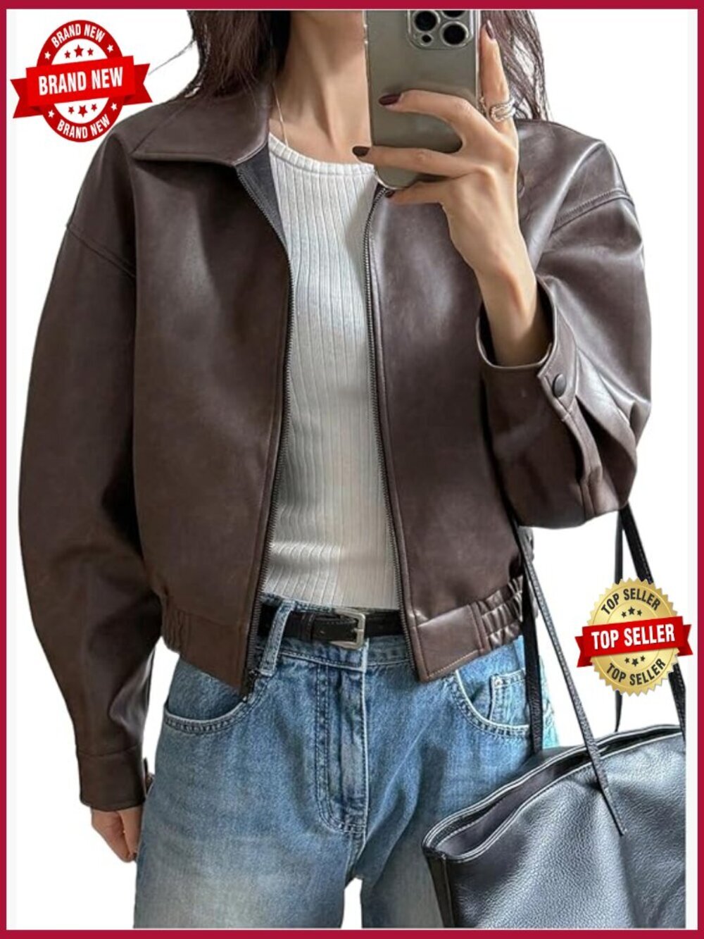 Faux Leather Zip Up Crop Bomber Jacket Motorcycle Coat Streetwear